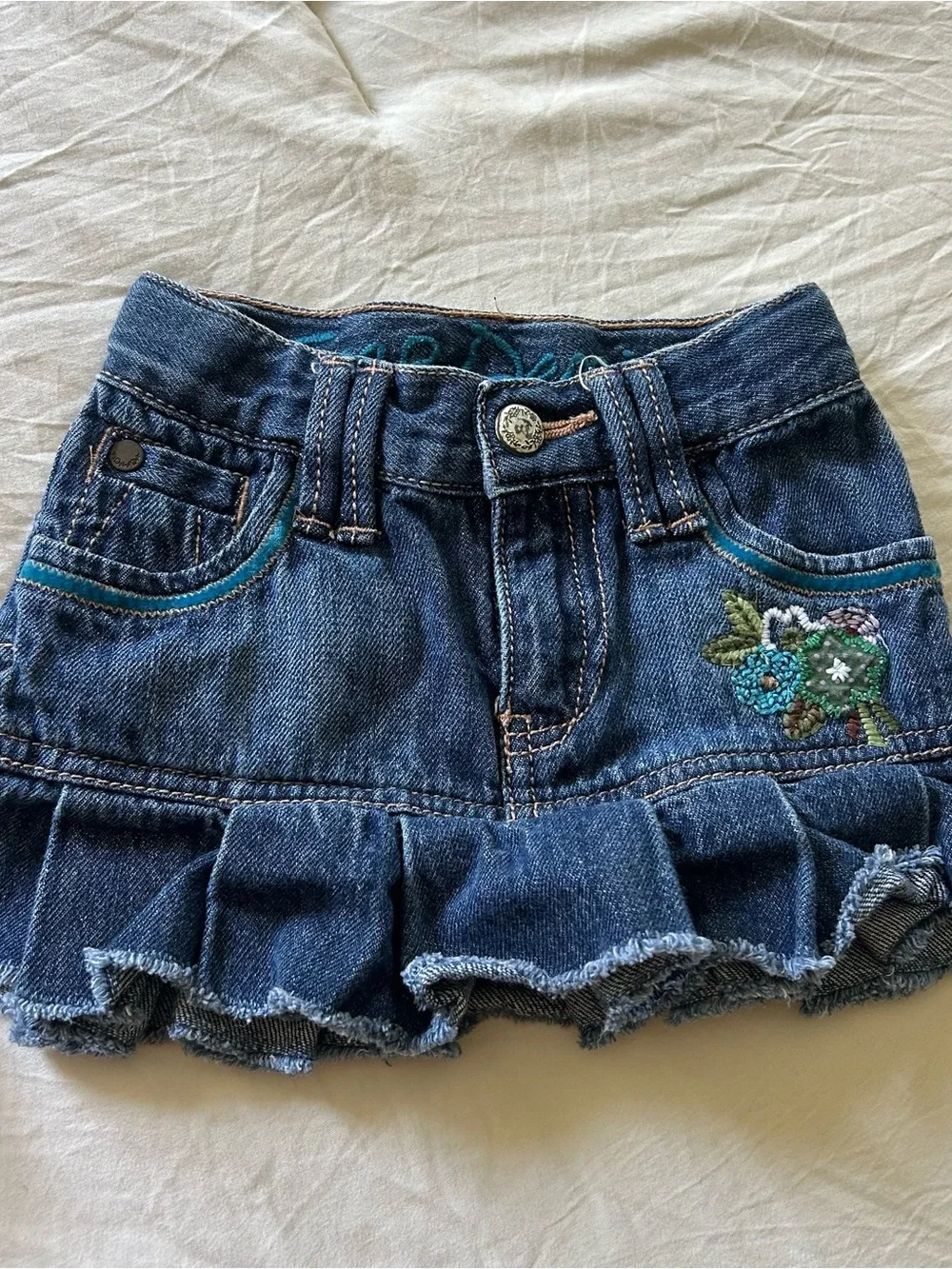 Y2K GAP Denim Ruffle Skirt with Teal and Green Embroidery - Blue 12-18 Months